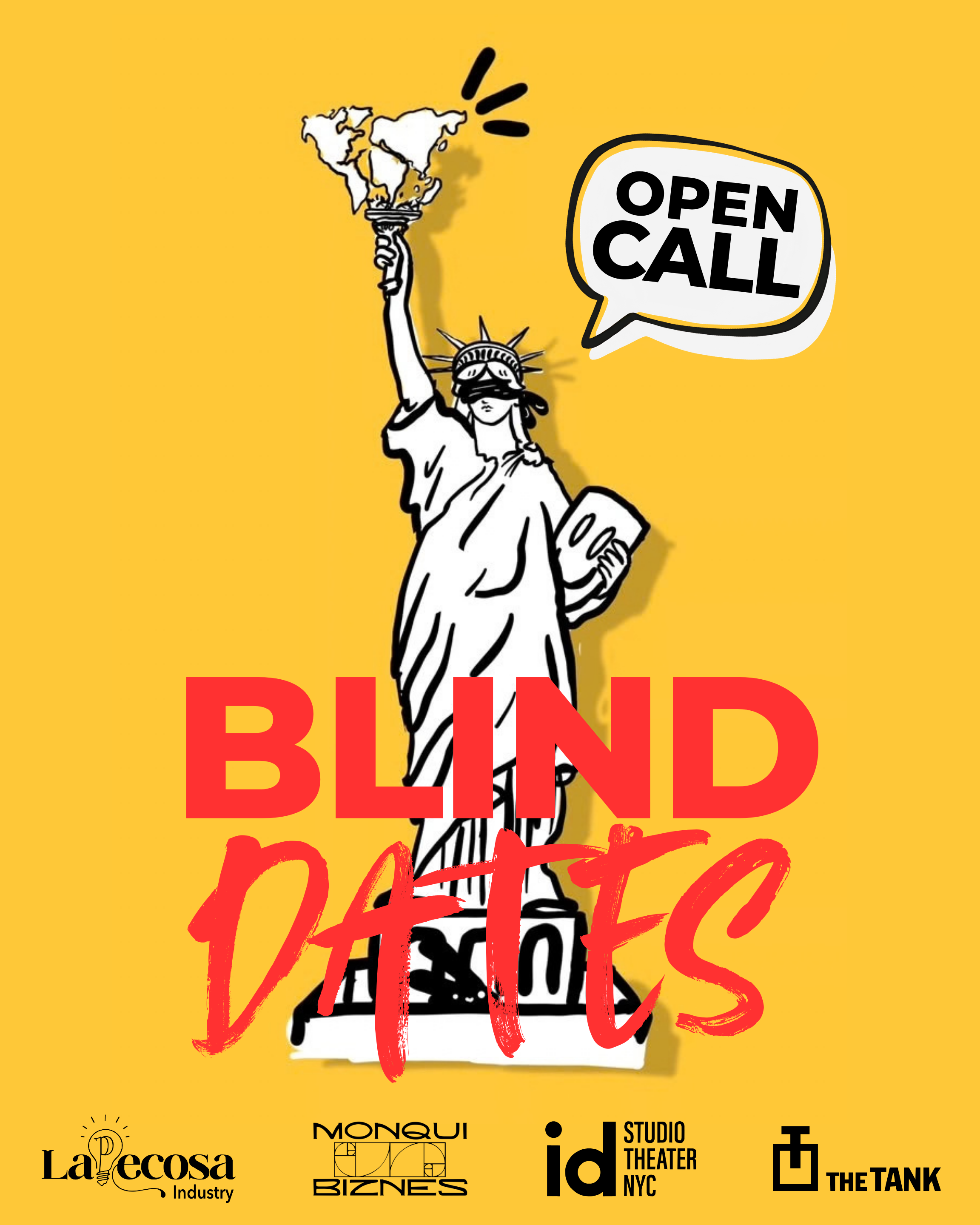 Blind Dates open call poster featuring the Statue of Liberty and festival partner logos