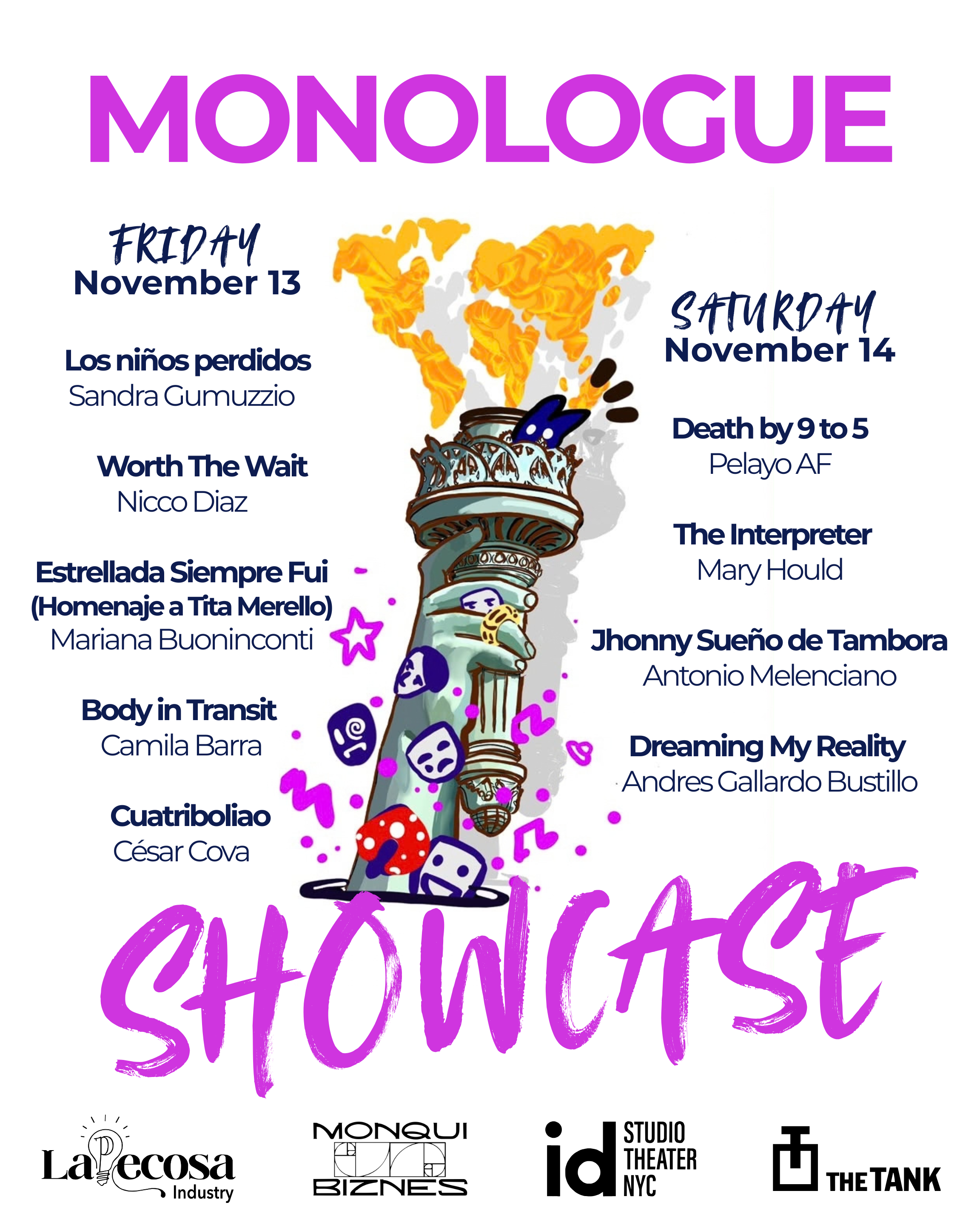 Monologue Showcase poster with Calicho Art’s illustrated Statue of Liberty torch and the November 13–14 lineup. Full plays and performers are listed below.